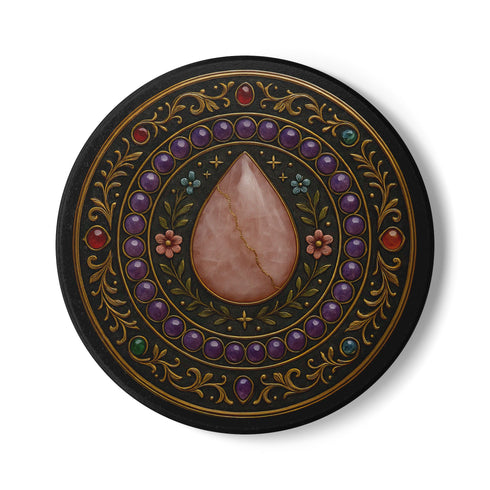 Round ceramic drink coaster featuring a detailed rose quartz-inspired teardrop surrounded by floral and gemstone baroque patterns. Black background with jewel-toned accents and gold scrollwork. The coaster has a non-slip cork base and measures approximately 4 inches in diameter. Perfect for hot or cold beverages, this witchy decor piece enhances any coffee cart, altar, or side table. Suitable for use in whimsigoth, gothic, or celestial-themed spaces.
